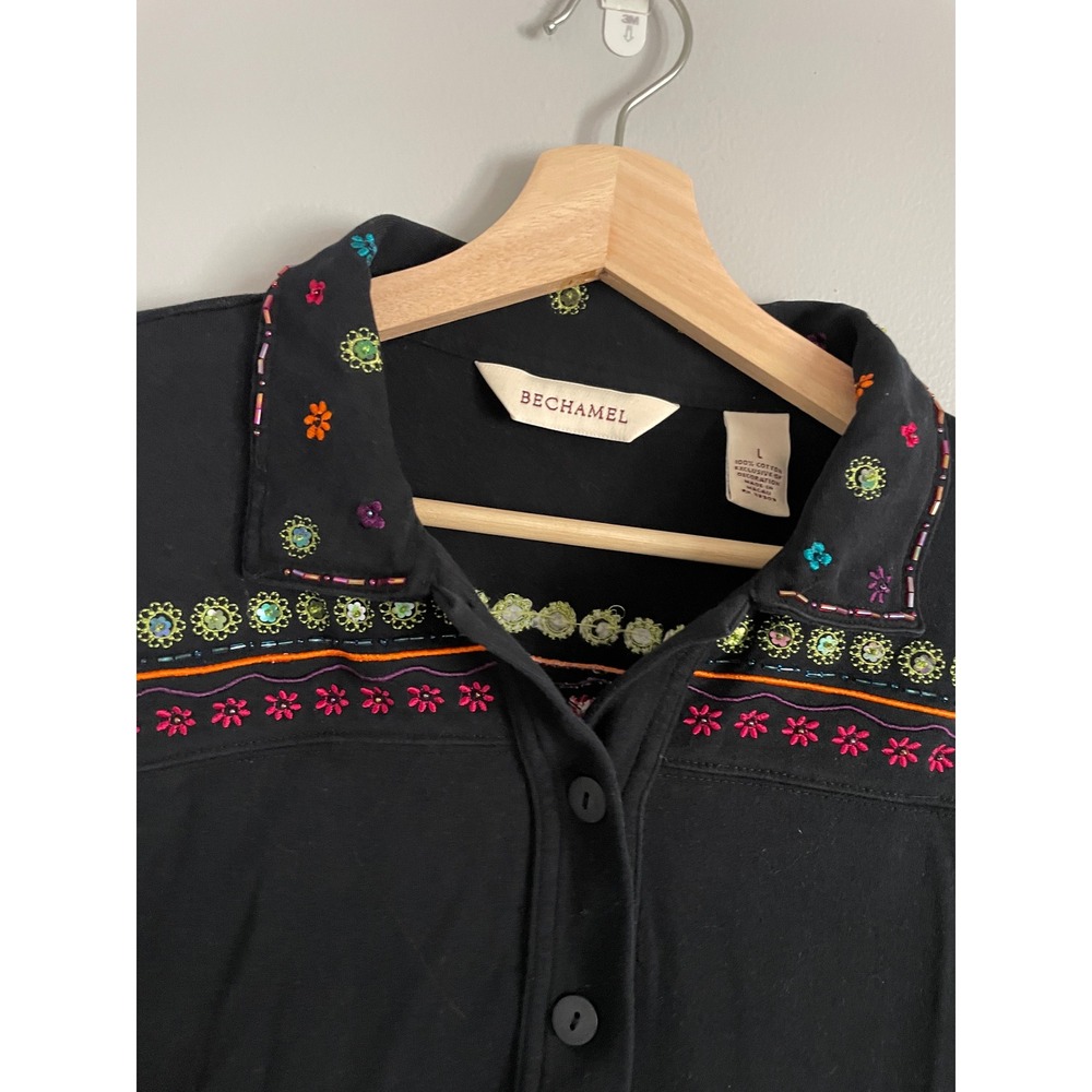 Bechamel Button Up Top Womens L Black Embroidered Beaded Floral Boho Cardigan